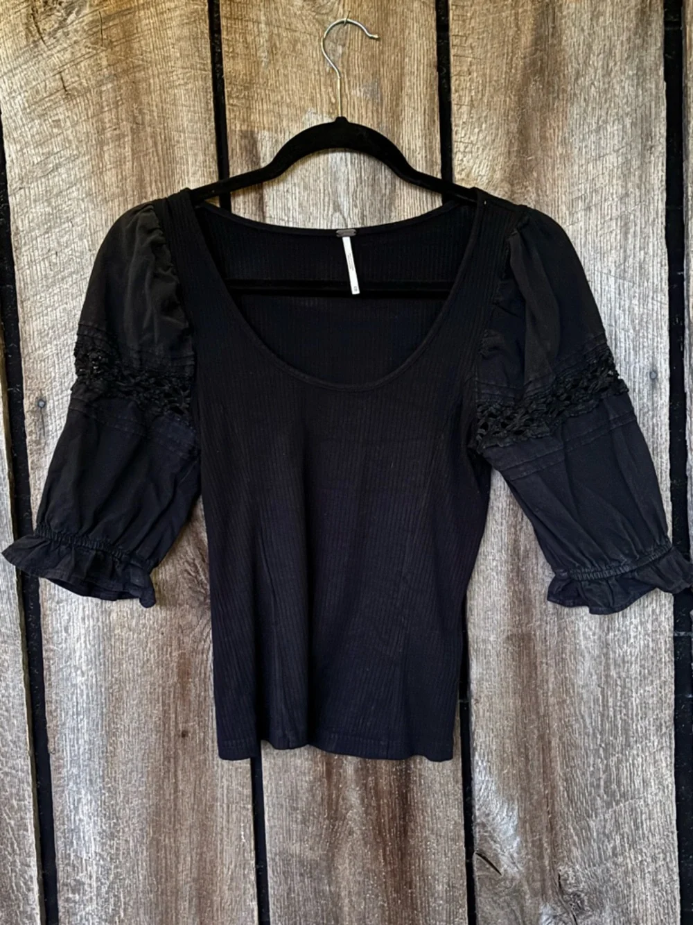Free People Black Ribbed Puff Sleeve Crochet Detail Top XS Boho‎ Cottagecore